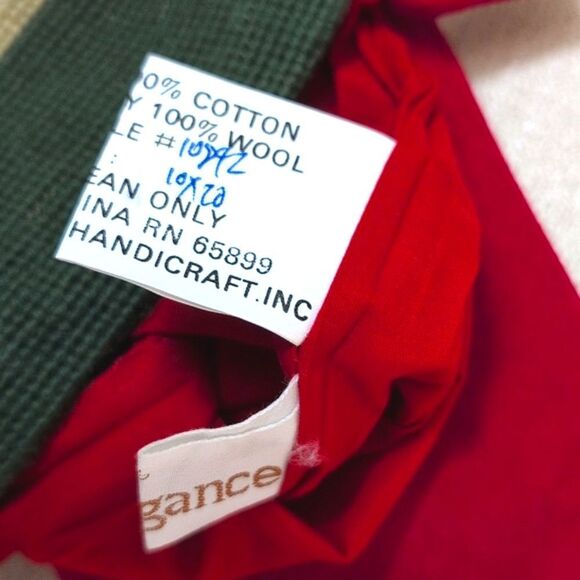 Vintage Wool Needlepoint Poinsettia Christmas Stocking Red Velvet Cotton Backing - Picture 8 of 10